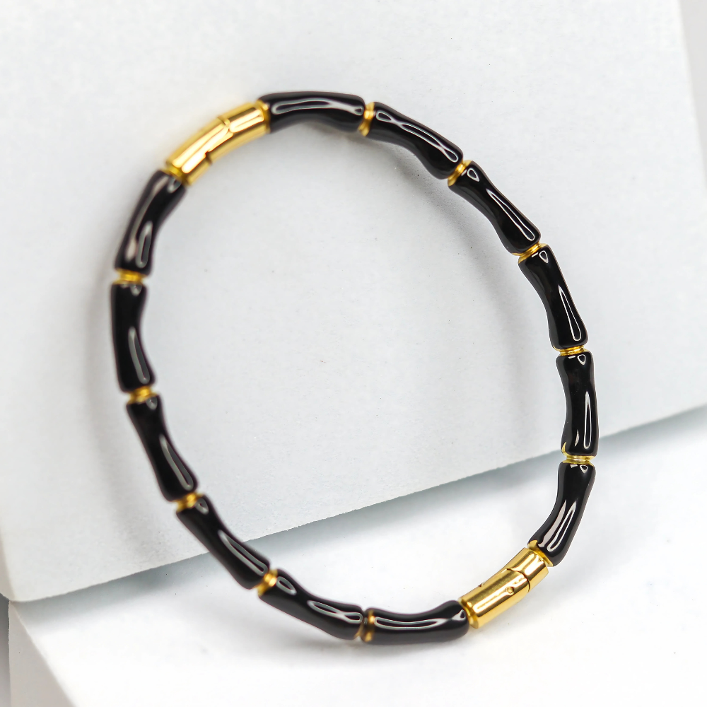 Black & Gold Bamboo Link Bracelet – 18K Gold Plated