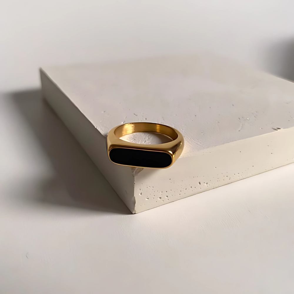 Elegant black enamel signet 18K gold plated Unisex , adjustable and anti-tarnish – perfect for daily wear and office outfits by House of Svarnaa