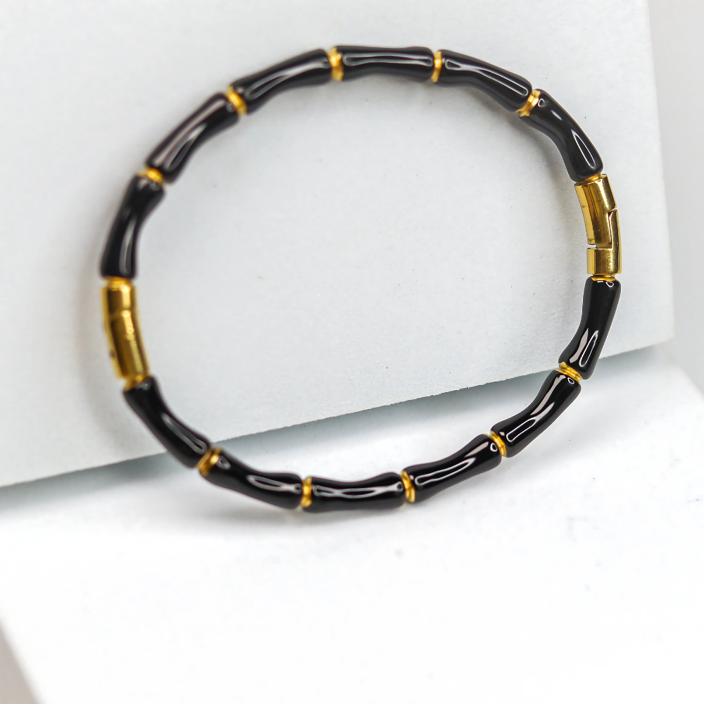 Black & Gold Bamboo Link Bracelet – 18K Gold Plated