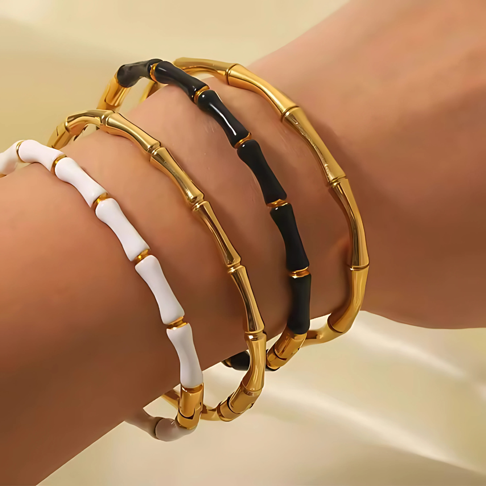 Black & Gold Bamboo Link Bracelet – 18K Gold Plated