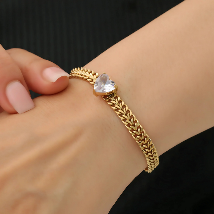 18K gold plated Cuban link bracelet with heart-cut crystal by House of Svarnaa – statement daily wear jewellery