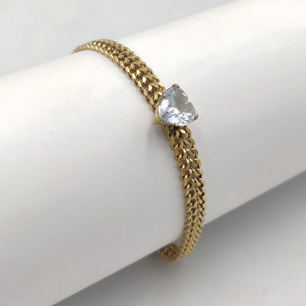 18K gold plated Cuban link bracelet with heart-cut crystal by House of Svarnaa – statement daily wear jewellery