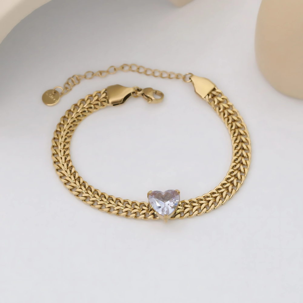 18K gold plated Cuban link bracelet with heart-cut crystal by House of Svarnaa – statement daily wear jewellery