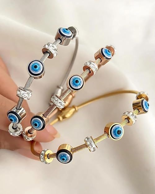 Gold bar bangle with modern evil eye design – 18K PVD plated daily protection jewellery for women by House of Svarnaa