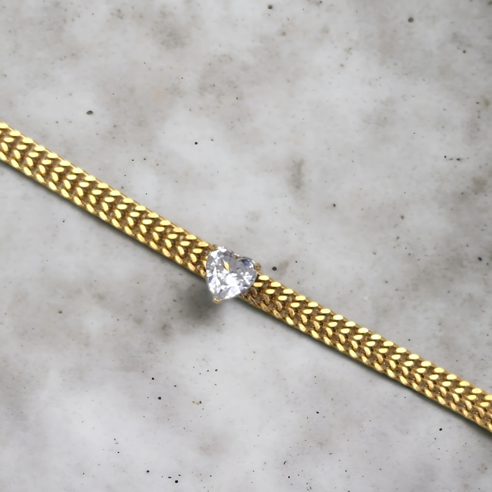18K gold plated Cuban link bracelet with heart-cut crystal by House of Svarnaa – statement daily wear jewellery