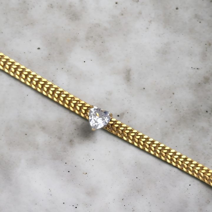 18K gold plated Cuban link bracelet with heart-cut crystal by House of Svarnaa – statement daily wear jewellery