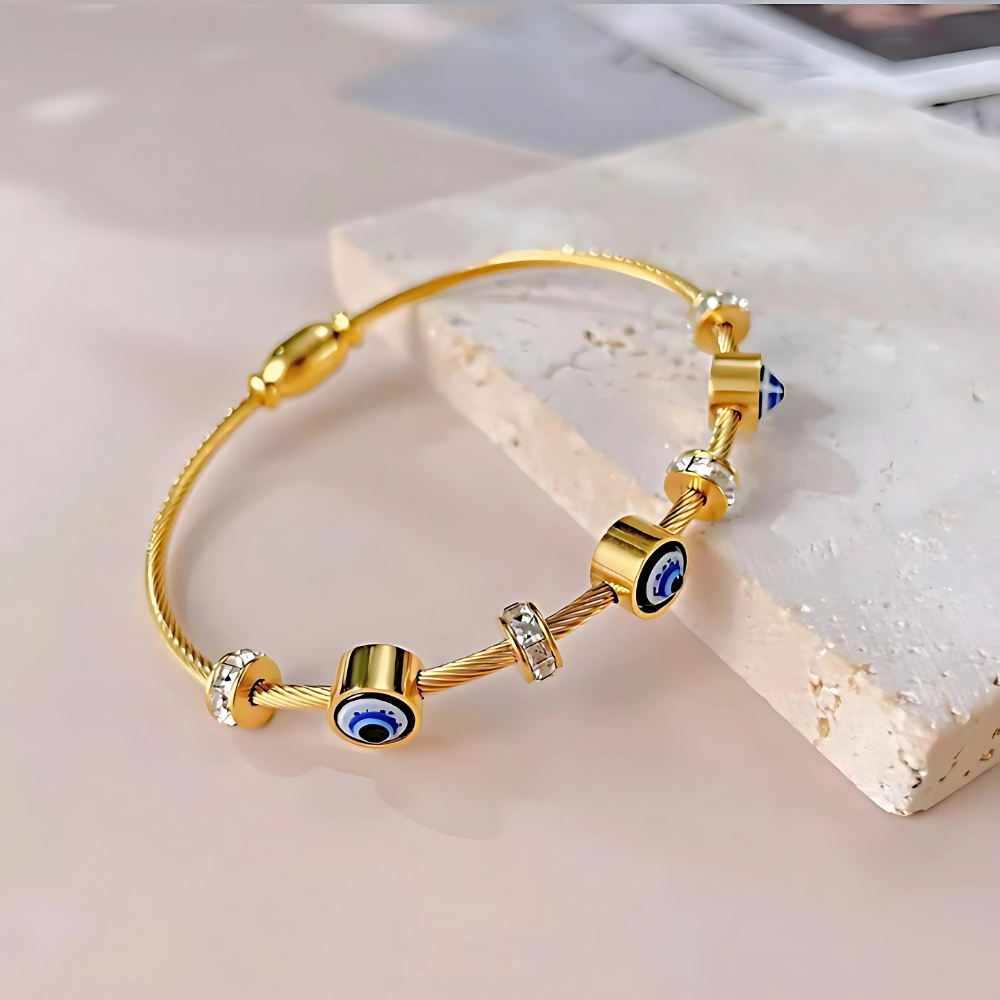 Gold bar bangle with modern evil eye design – 18K PVD plated daily protection jewellery for women by House of Svarnaa