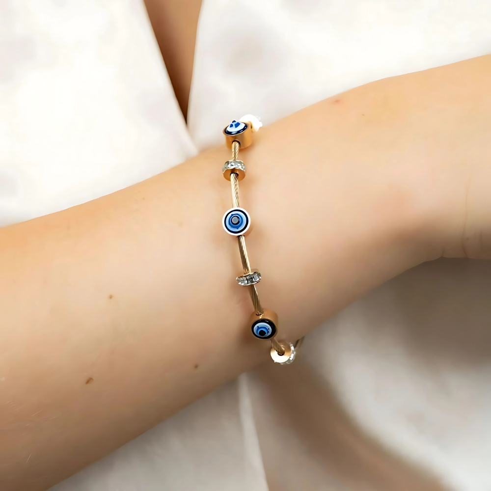 Gold bar bangle with modern evil eye design – 18K PVD plated daily protection jewellery for women by House of Svarnaa