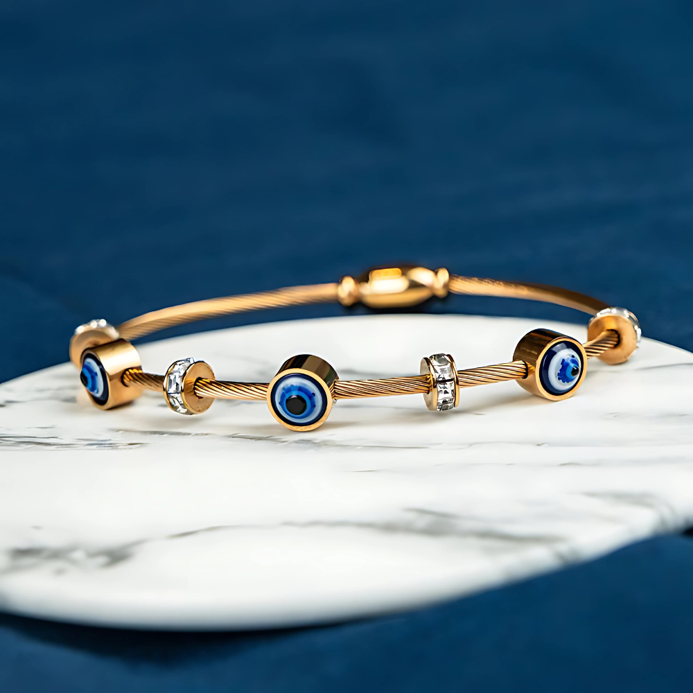 Gold bar bangle with modern evil eye design – 18K PVD plated daily protection jewellery for women by House of Svarnaa