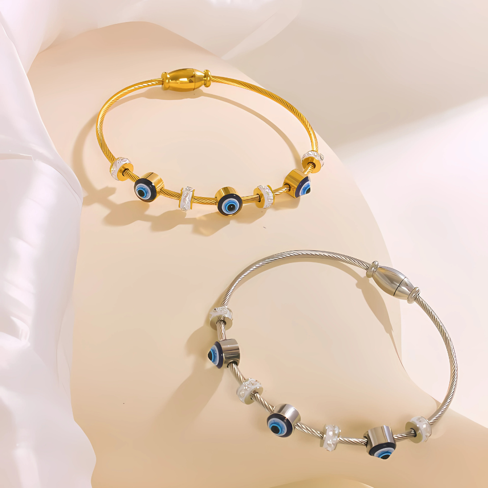 Gold bar bangle with modern evil eye design – 18K PVD plated daily protection jewellery for women by House of Svarnaa