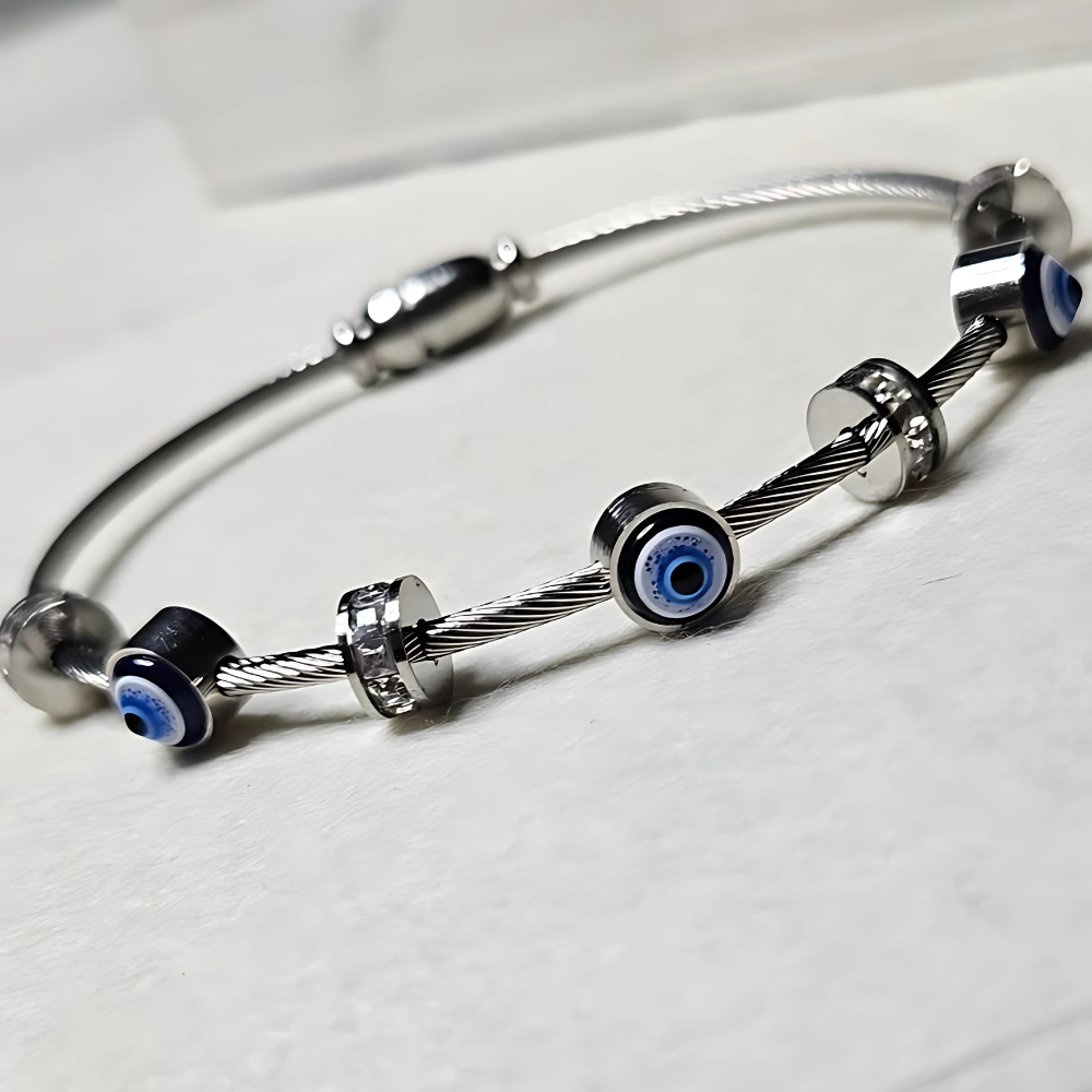 Gold bar bangle with modern evil eye design – 18K PVD plated daily protection jewellery for women by House of Svarnaa