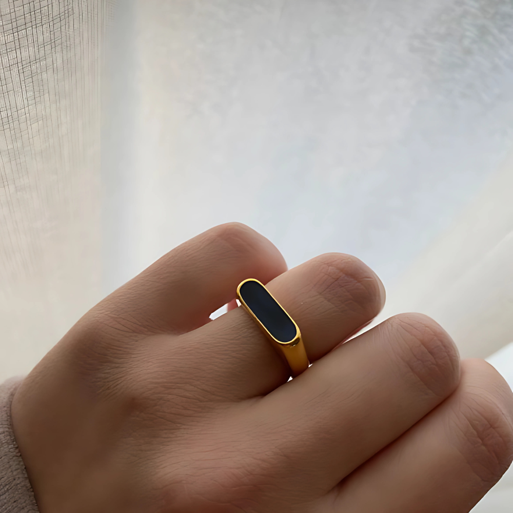 Elegant black enamel signet 18K gold plated Unisex , adjustable and anti-tarnish – perfect for daily wear and office outfits by House of Svarnaa